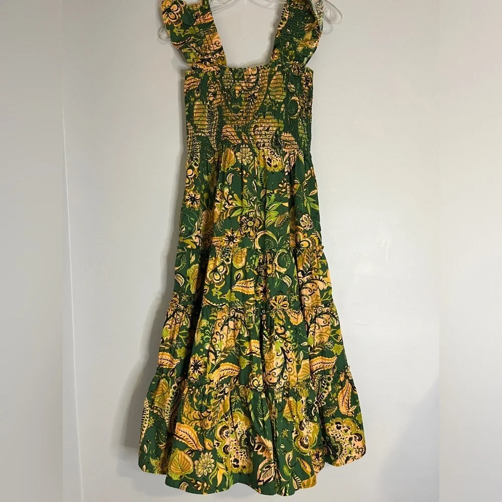 Kourt Calypso Paisley Green and Yellow Flutter Sleeve Smocked Midi Dress